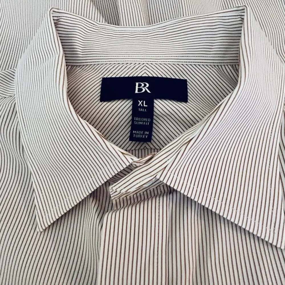 Banana Republic Men's Tall Tailored Slim Fit Cotton Brown White Striped Shirt XL